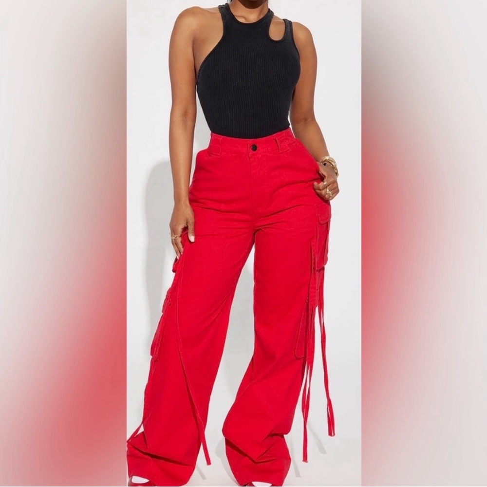 Fashion Nova Red Wide Leg Cargo Pants - Picture 2 of 4